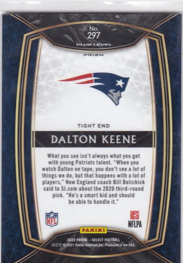 Dalton Keene Silver Prizm Club Level card featuring New England Patriots logo