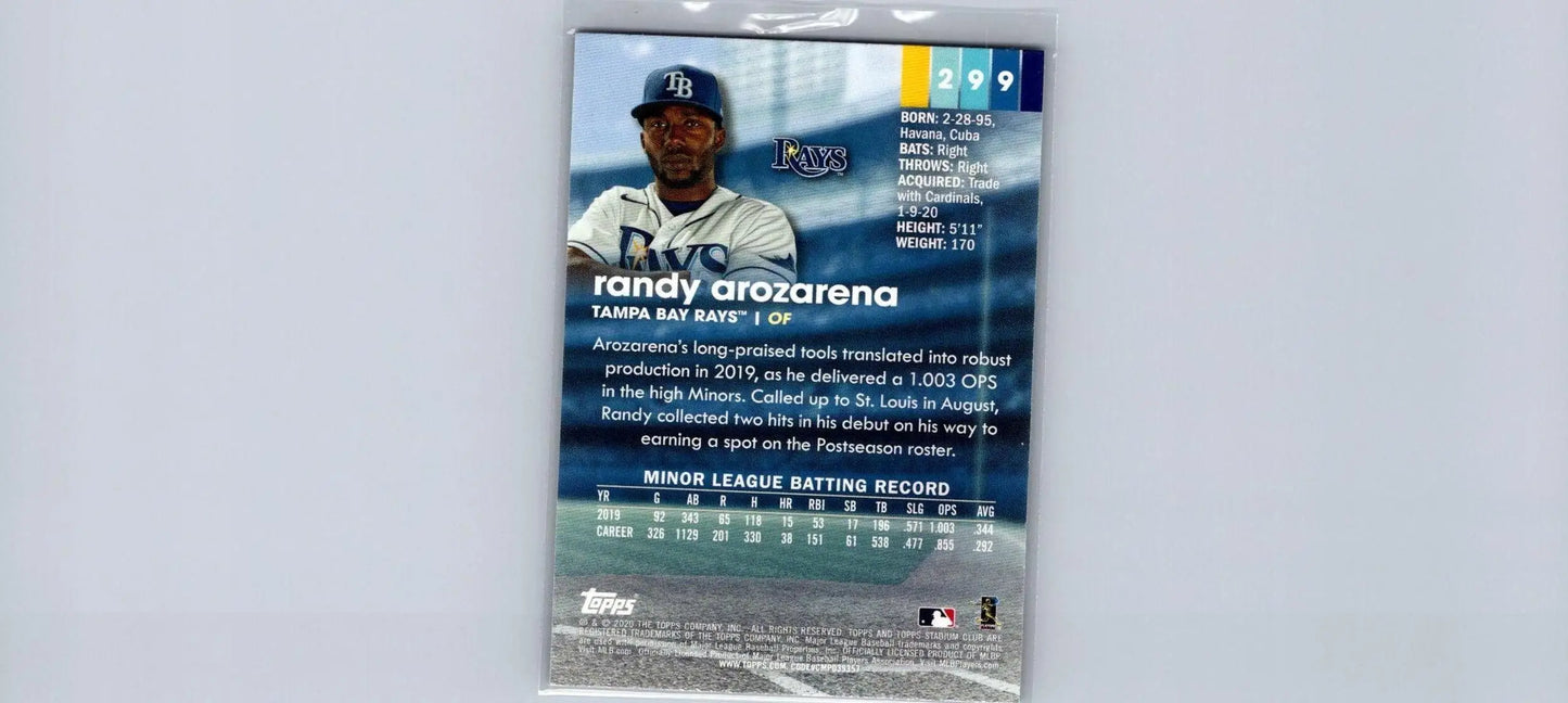 Randy Arozarena 2020 Stadium Club #299 trading card for baseball collectors