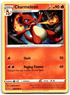 Vivid Voltage Charmeleon Pokémon trading card from 2020 Sword & Shield set text-align center