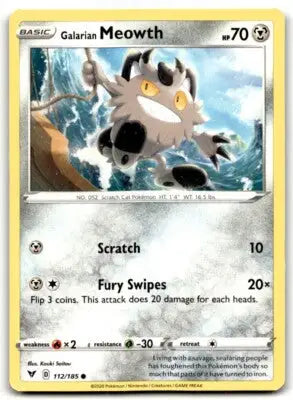 Vivid Voltage Galarian Meowth Pokémon card from 2020 Sword & Shield set