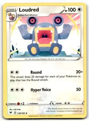 Vivid Voltage Loudred Pokémon card displayed with text-align center in 2020 Sword & Shield set