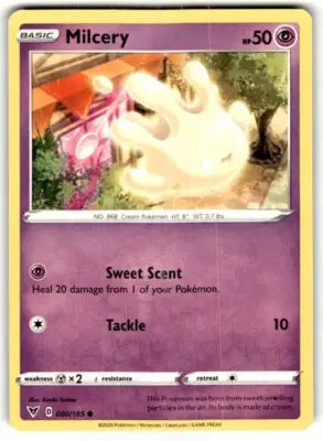 Vivid Voltage Milcery Pokémon card from 2020 Sword & Shield Vivid Voltage Basic Common series