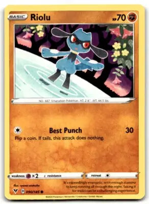 Vivid Voltage Riolu Pokémon card displayed in 2020 Sword & Shield Vivid Voltage set