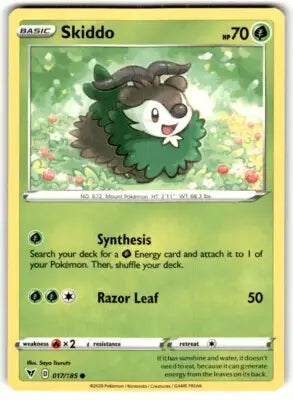 Vivid Voltage Skiddo Pokémon card from 2020 Sword & Shield Vivid Voltage Basic Common