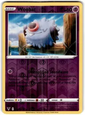 Vivid Voltage Woobat Pokémon card displayed with text-align center in 2020 Sword & Shield set