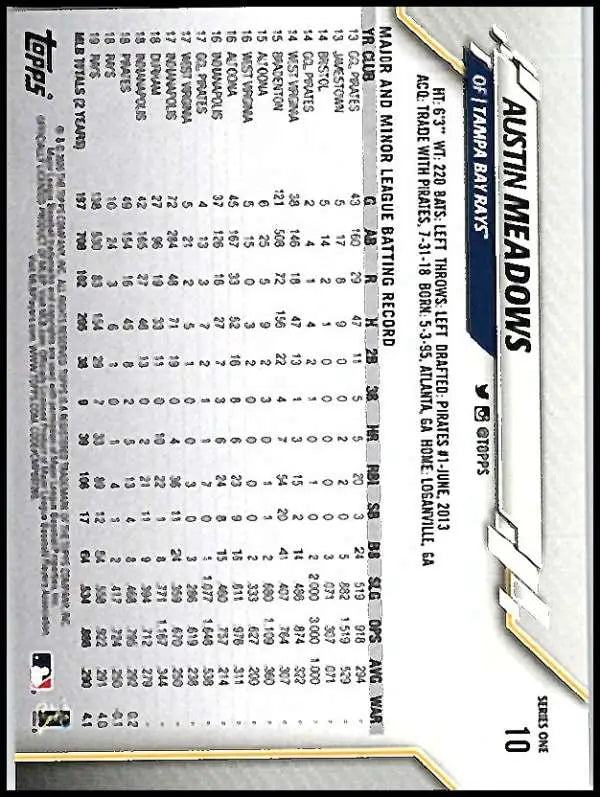 2020 Topps #10 Austin Meadows NM-MT Tampa Bay Rays Baseball Card - Baseball Card Single