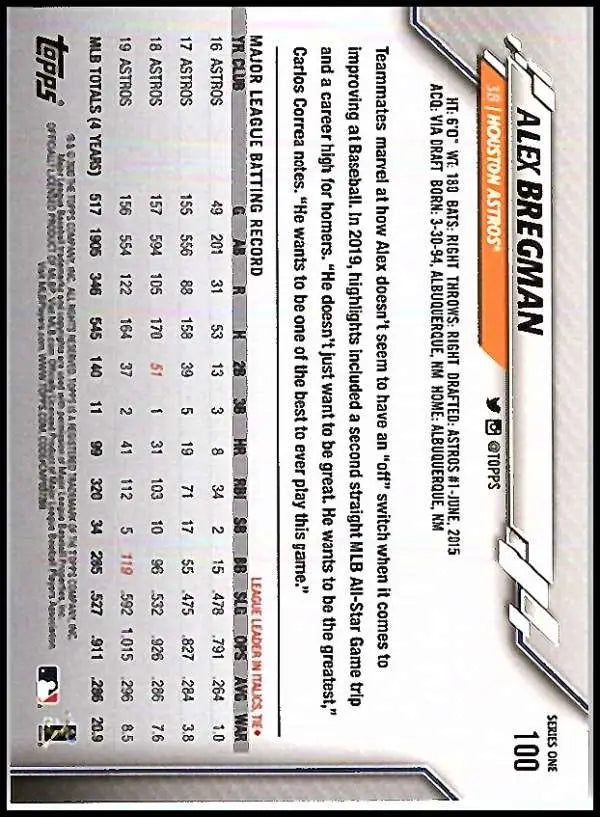 2020 Topps #100 Alex Bregman NM-MT Houston Astros Baseball Card - Baseball Card Single