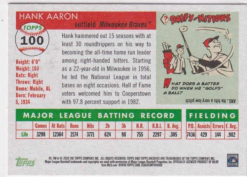 2020 TOPPS #100 HANK AARON- ATLANTA BRAVES - Baseball Card Single