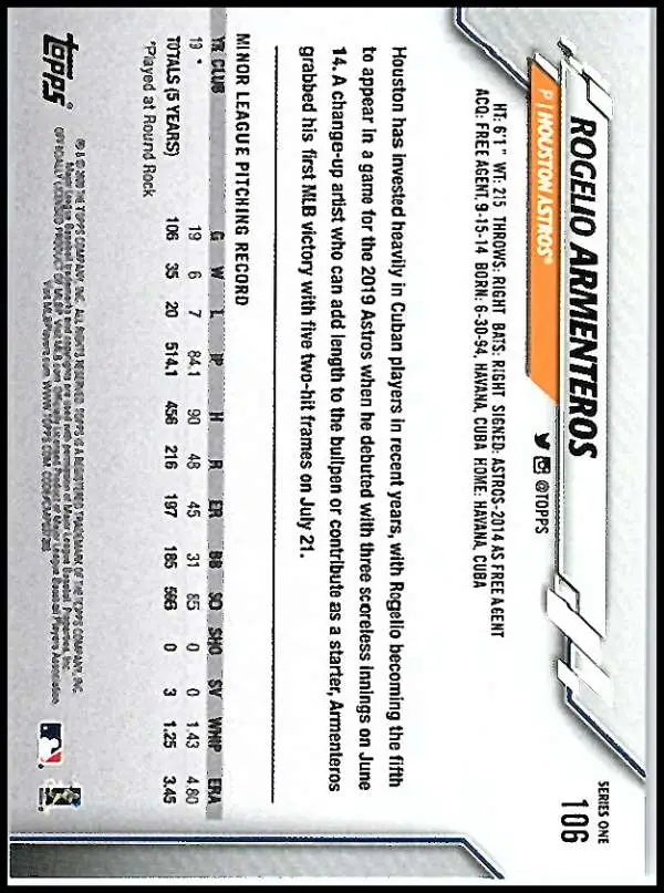 2020 Topps #106 Rogelio Armenteros NM-MT RC Rookie Houston Astros Baseball Card - Baseball Card Single