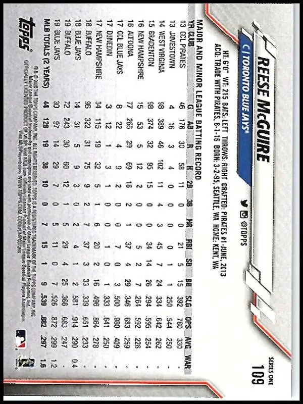 2020 Topps #109 Reese McGuire NM-MT Toronto Blue Jays Baseball Card - Baseball Card Single