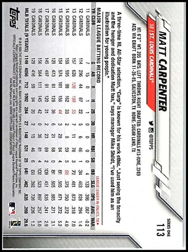 2020 Topps #113 Matt Carpenter NM-MT St. Louis Cardinals Baseball Card - Baseball Card Single
