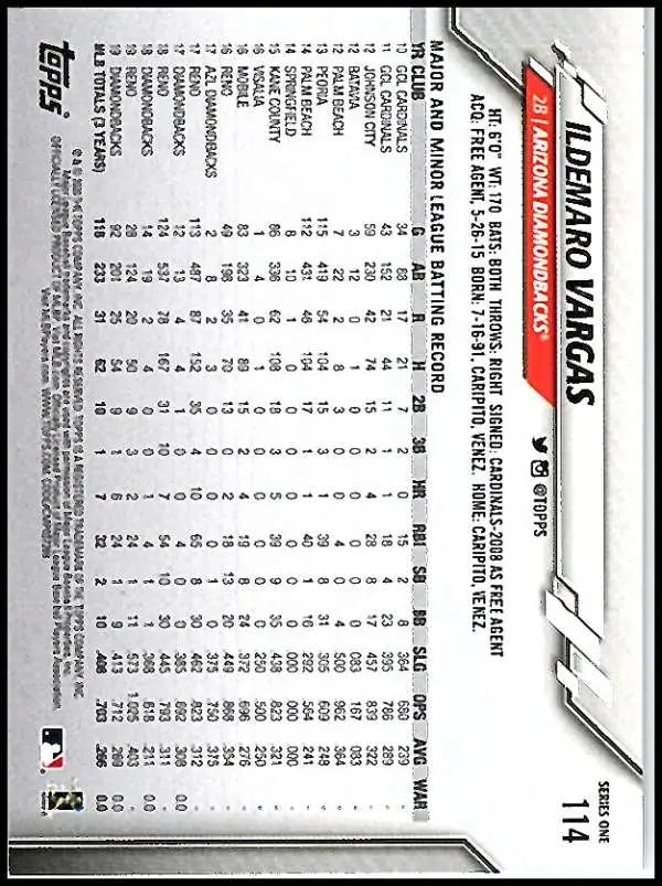 2020 Topps #114 Ildemaro Vargas NM-MT Arizona Diamondbacks Baseball Card - Baseball Card Single