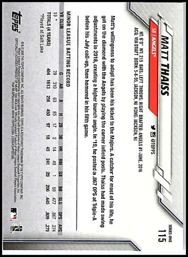 2020 Topps #115 Matt Thaiss NM-MT RC Rookie Los Angeles Angels Baseball Card - Baseball Card Single