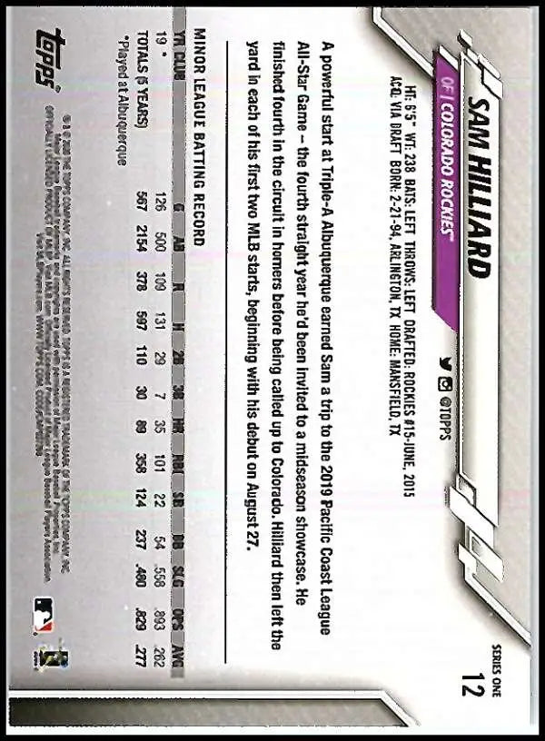 2020 Topps #12 Sam Hilliard NM-MT RC Rookie Colorado Rockies Baseball Card - Baseball Card Single
