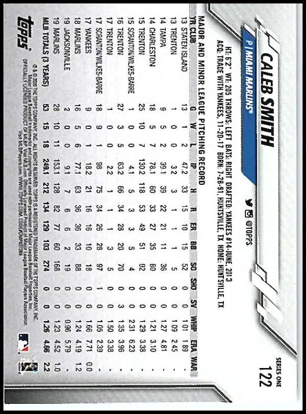 2020 Topps #122 Caleb Smith NM-MT Miami Marlins Baseball Card - Baseball Card Single