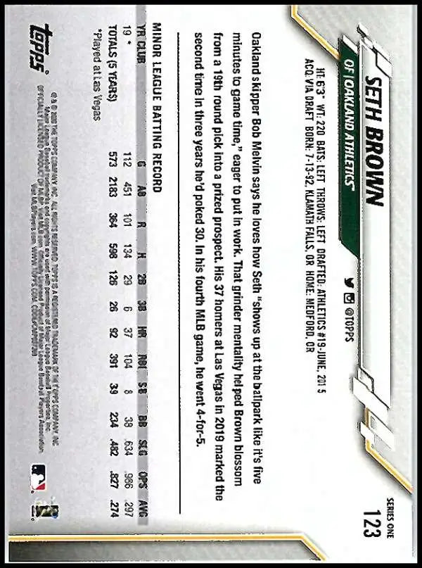 2020 Topps #123 Seth Brown NM-MT RC Rookie Oakland Athletics Baseball Card - Baseball Card Single