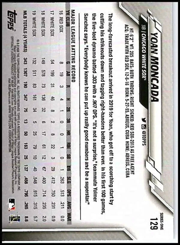 2020 Topps #129 Yoan Moncada NM-MT Chicago White Sox Baseball Card - Baseball Card Single