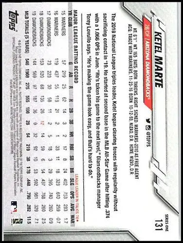Original gloss Ketel Marte baseball card from 2020 Topps #131 Ketel Marte NM-MT Diamondbacks