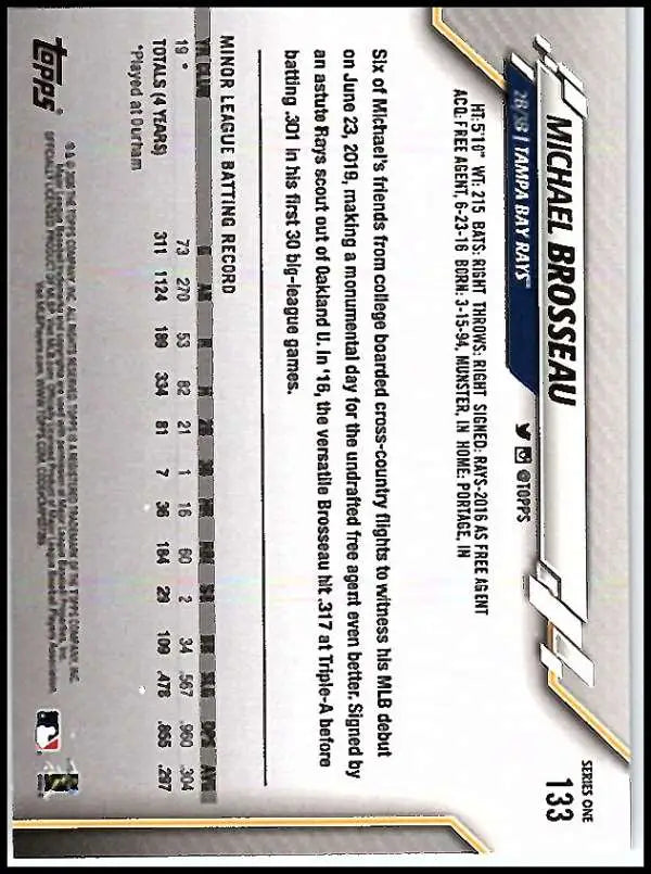 2020 Topps #133 Michael Brosseau NM-MT RC Rookie Tampa Bay Rays Baseball Card - Baseball Card Single
