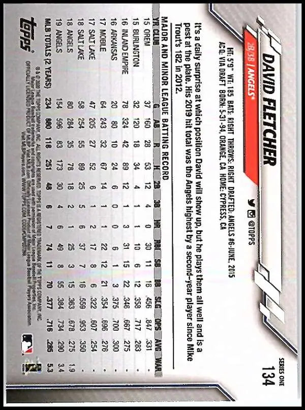 2020 Topps #134 David Fletcher NM-MT Los Angeles Angels Baseball Card - Baseball Card Single