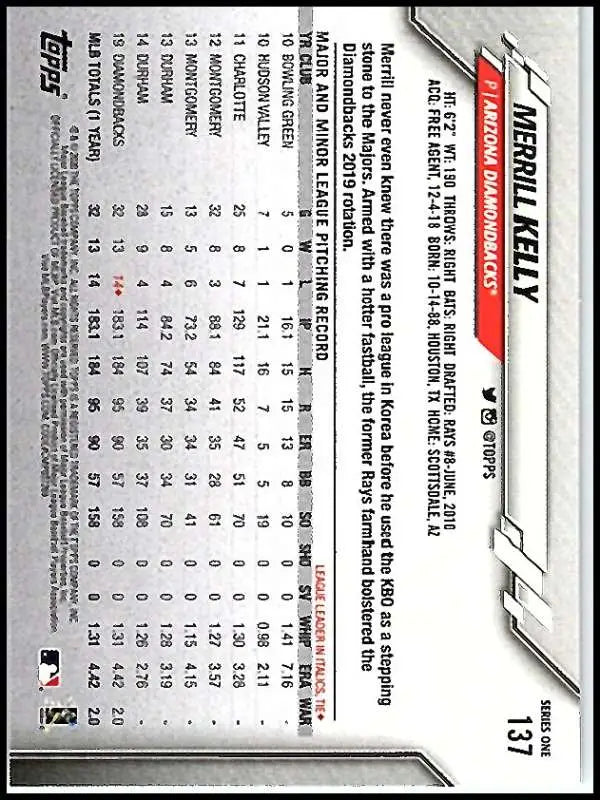 2020 Topps #137 Merrill Kelly NM-MT Arizona Diamondbacks Baseball Card - Baseball Card Single