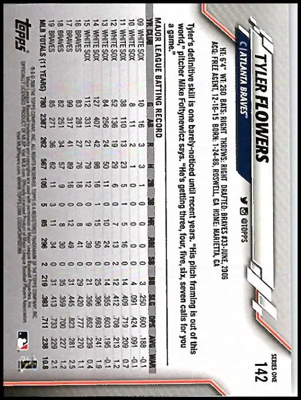 2020 Topps #142 Tyler Flowers NM-MT Atlanta Braves Baseball Card - Baseball Card Single