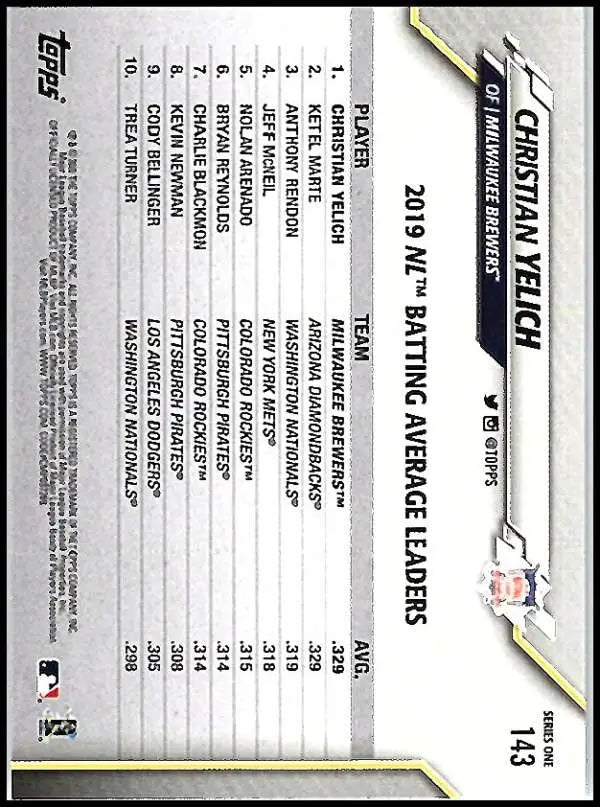 2020 Topps #143 Christian Yelich NM-MT Milwaukee Brewers Baseball Card - Baseball Card Single