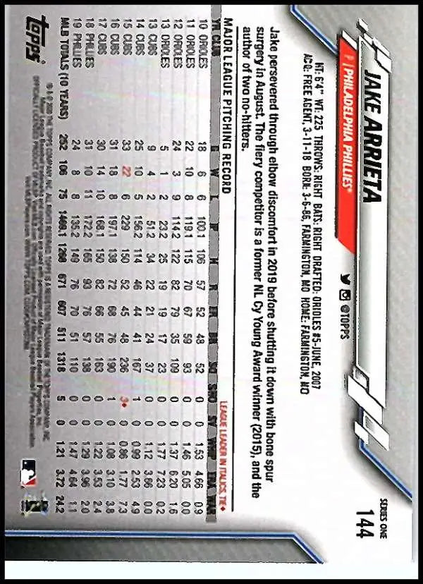 2020 Topps #144 Jake Arrieta NM-MT Philadelphia Phillies Baseball Card - Baseball Card Single