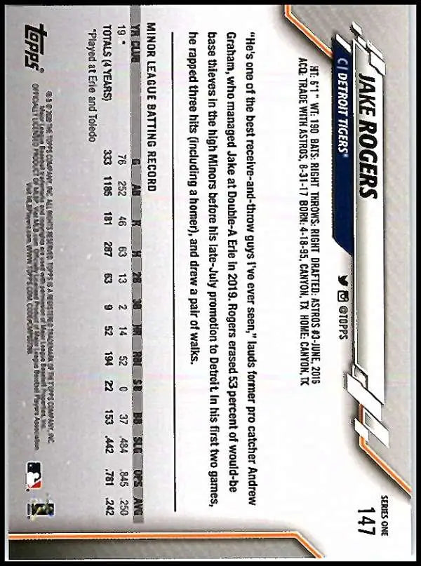 2020 Topps #147 Jake Rogers NM-MT RC Rookie Detroit Tigers Baseball Card - Baseball Card Single