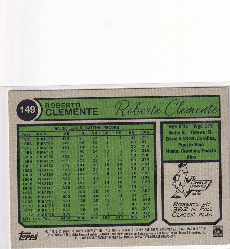 2020 TOPPS #149 ROBERTO CLEMENTE- PITTSBURGH PIRATES - Baseball Card Single