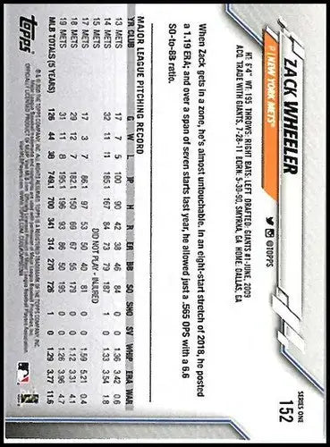 Baseball card back featuring Zack Wheeler NM-MT from 2020 Topps #152 with original gloss