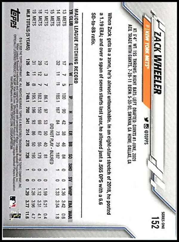2020 Topps #152 Zack Wheeler NM-MT New York Mets Baseball Card - Baseball Card Single