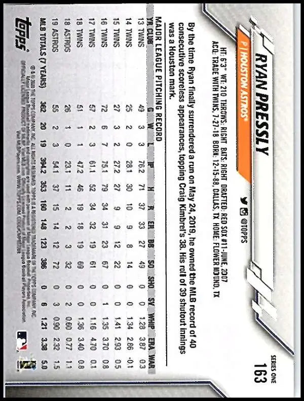 2020 Topps #163 Ryan Pressly NM-MT Houston Astros Baseball Card - Baseball Card Single