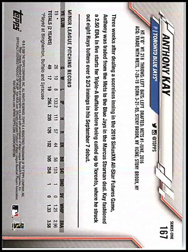 2020 Topps #167 Anthony Kay NM-MT RC Rookie Toronto Blue Jays Baseball Card - Baseball Card Single