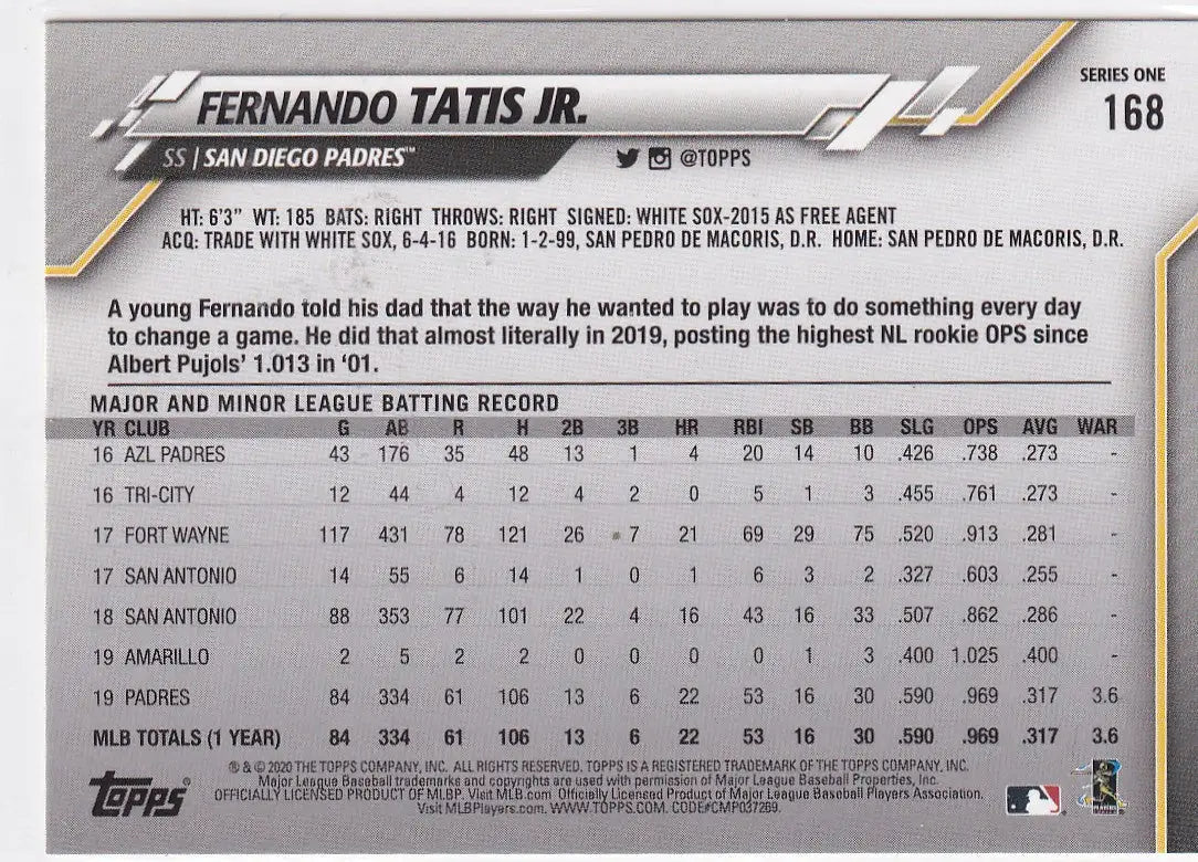 2020 TOPPS #168 FERNANDO TATIS JR- SAN DIEGO PADRES - Baseball Card Single