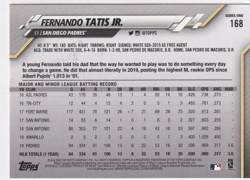 2020 TOPPS #168 FERNANDO TATIS JR- SAN DIEGO PADRES - Baseball Card Single