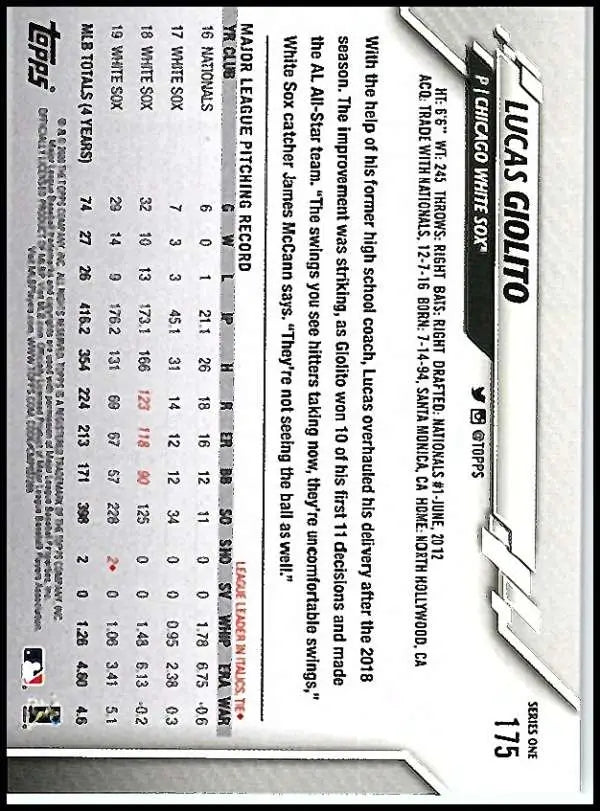 2020 Topps #175 Lucas Giolito NM-MT Chicago White Sox Baseball Card - Baseball Card Single