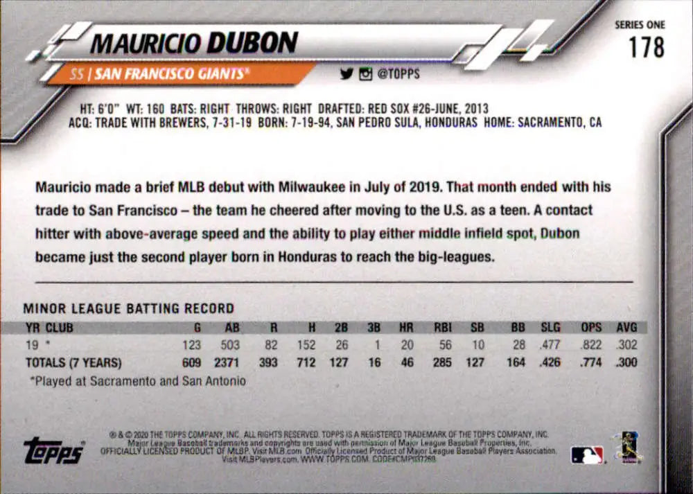 2020 Topps #178 Mauricio Dubon NM-MT RC Rookie San Francisco Giants Baseball Card - Baseball Card Single