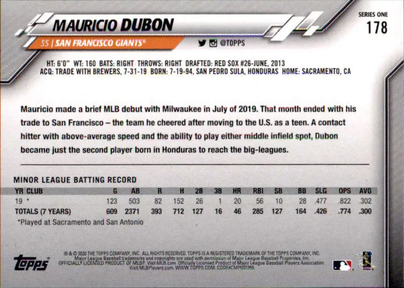2020 Topps #178 Mauricio Dubon NM-MT RC Rookie San Francisco Giants Baseball Card - Baseball Card Single