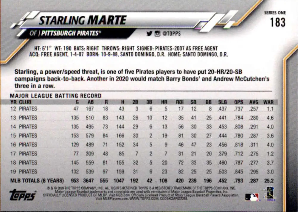 2020 Topps #183 Starling Marte NM-MT Pittsburgh Pirates Baseball Card - Baseball Card Single