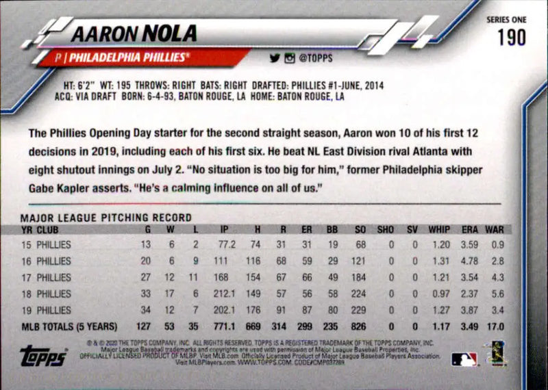 2020 Topps #190 Aaron Nola NM-MT Philadelphia Phillies Baseball Card - Baseball Card Single