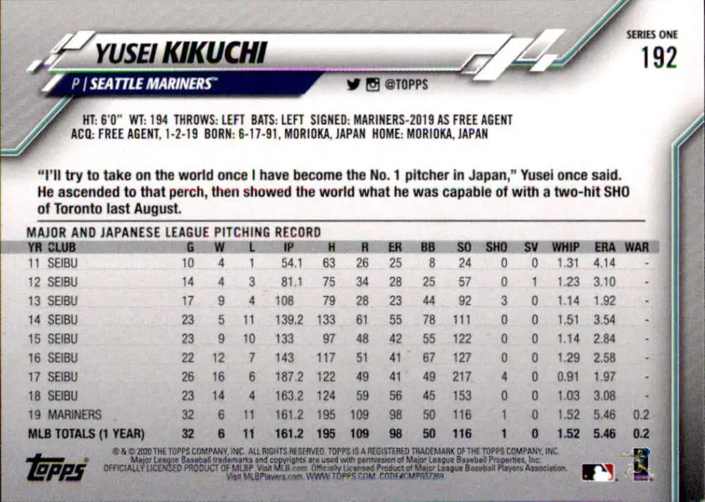 2020 Topps #192 Yusei Kikuchi NM-MT Seattle Mariners Baseball Card - Baseball Card Single