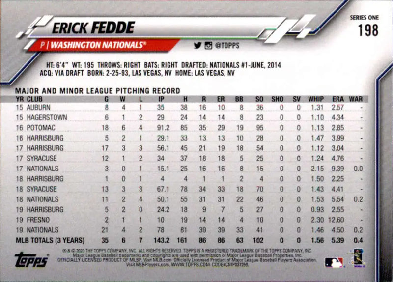 2020 Topps #198 Erick Fedde NM-MT Washington Nationals Baseball Card - Baseball Card Single