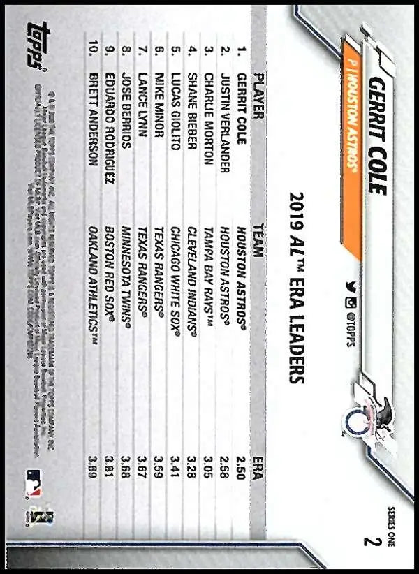 2020 Topps #2 Gerrit Cole NM-MT Houston Astros Baseball Card - Baseball Card Single