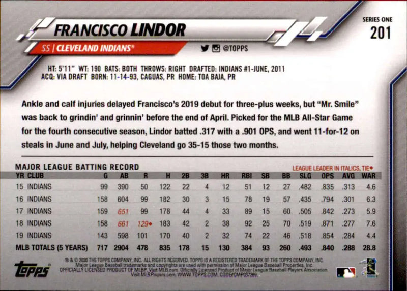 2020 Topps #201 Francisco Lindor NM-MT Cleveland Indians Baseball Card - Baseball Card Single