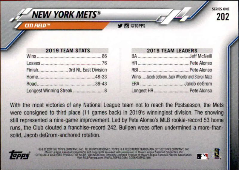 2020 Topps #202 New York Mets NM-MT Baseball Card - Baseball Card Single