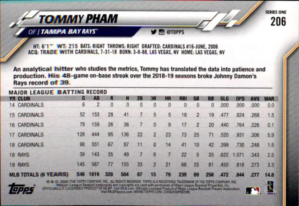 2020 Topps #206 Tommy Pham NM-MT Tampa Bay Rays Baseball Card - Baseball Card Single