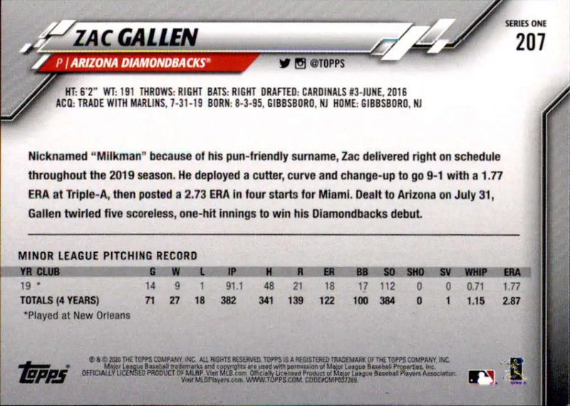 2020 Topps #207 Zac Gallen NM-MT RC Rookie Arizona Diamondbacks Baseball Card - Baseball Card Single