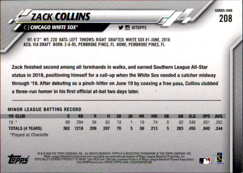 2020 Topps #208 Zack Collins NM-MT RC Rookie Chicago White Sox Baseball Card - Baseball Card Single
