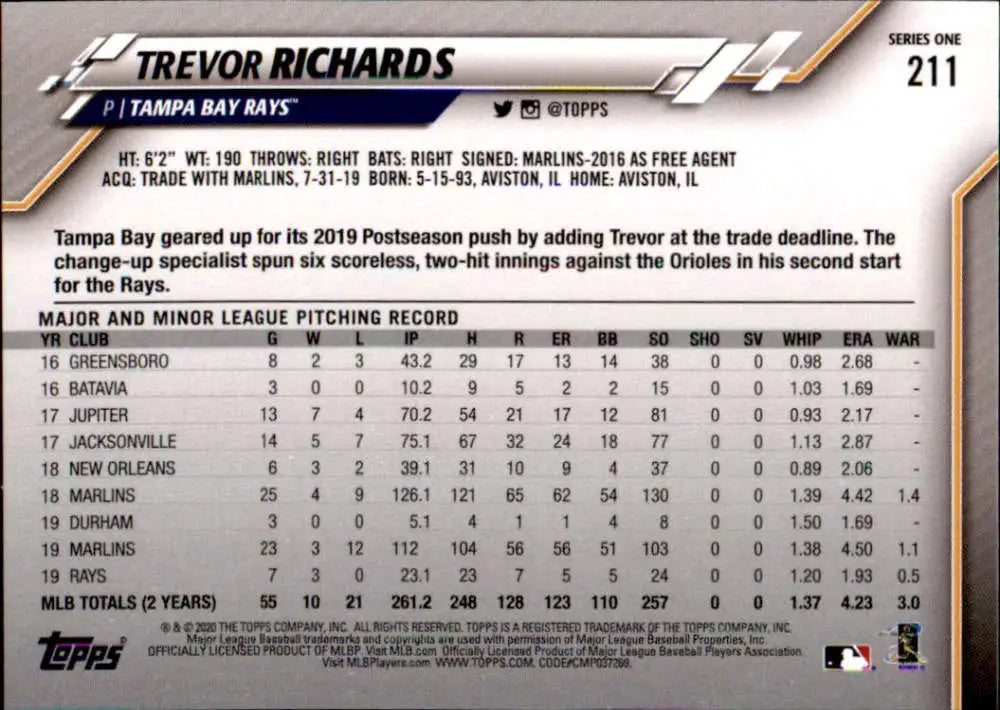 2020 Topps #211 Trevor Richards NM-MT Tampa Bay Rays Baseball Card - Baseball Card Single